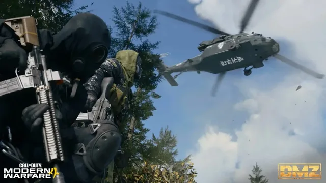 Call of Duty Modern Warfare tactical operators with assault rifles and transport helicopter — MW4 Hacks PC features preview